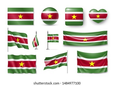 Various flags of Suriname independent country set. Realistic waving national flag on pole, table flag and different shapes badges. Patriotic surinamese official symbols isolated vector illustration.