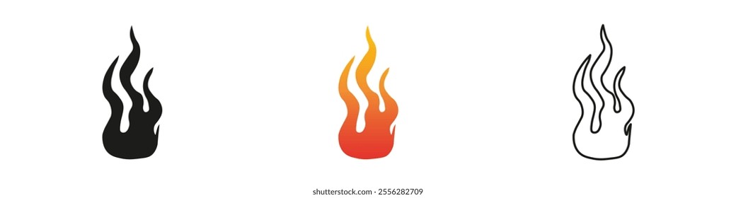 Various flame designs in black, orange, and white colors. Fire icon vector set. Flame icon collection. Fire flame symbol. Black, gradient, line set