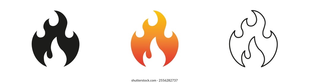 Various flame icons in different colors and styles displayed. Fire icon vector set. Flame icon collection. Fire flame symbol. Black, gradient, line set