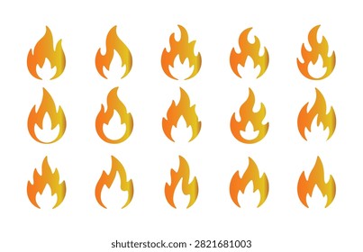 Various flame icons with orange yellow gradient, representing heat, energy, and brightness.