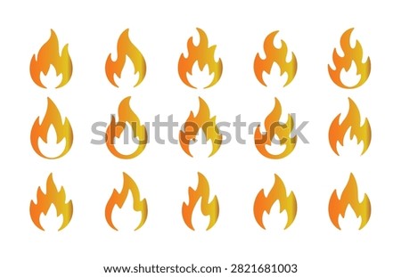 Various flame icons with orange yellow gradient, representing heat, energy, and brightness.