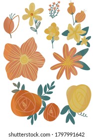 Diseño de varias flores planas en el esquema de color naranja