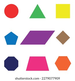 Various flat geometric shapes in different colors for the study of mathematics, geometry, education.