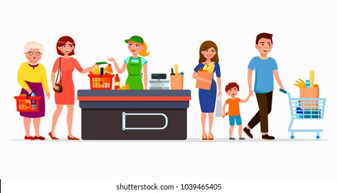 Various Flat People At The Supermarket Buying Products At The Cashbox With Cute Cashier. Men And Women At Mall. Family In Shop With Baskets And Cartoon Bags Vector Flat Illustration.