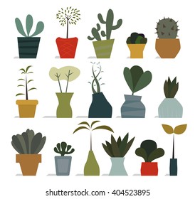 Various flat styled house plant icons in pots