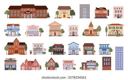 Various flat urban building icons set. Isolated municipal buildings, shops and restaurants. Library, cinema, coffee shop, beauty store, school, museum, bank on white background. Vector illustrations.