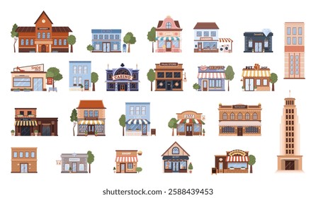 Various flat urban building icons set. Isolated municipal buildings, shops and restaurants. University, post office, casino, music store, jewelry, pharmacy on white background. Vector illustrations.