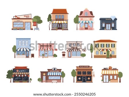 Various flat urban building icons set. Isolated municipal buildings, shops and restaurants. Bookstore, candy shop, jewelry, beauty, music and optical stores on white background. Vector illustrations.