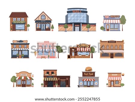 Various flat urban building icons set. Isolated municipal buildings, shops and restaurants. Mall, gift shop, bakery, boutique, pizza, fast food restaurant on white background. Vector illustrations.