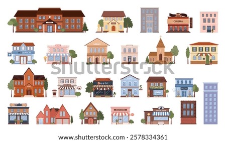Various flat urban building icons set. Isolated municipal buildings, shops and restaurants. Library, cinema, coffee shop, beauty store, school, museum, bank on white background. Vector illustrations.