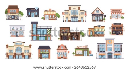 Various flat urban retail buildings and shop icons set. Isolated facades including a mall, gift, shoe, candy, music, lingerie store, boutique, and bookstore on white background. Vector illustrations.