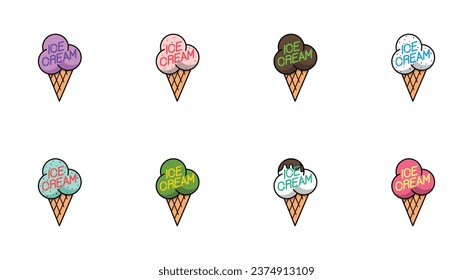 Various of flavor ice cream cones. Colorful scoop ice cream set.