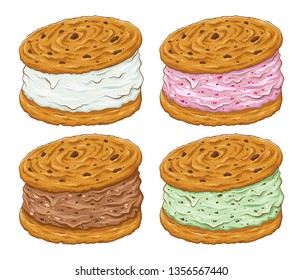 Various Flavor Of Ice Cream Cookie Sandwich With Chocolate Chips, Hand Drawing Vector Illustration