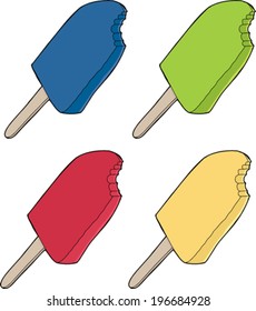 Various flavored ice cream bars with missing bite