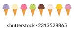 Various flavors of blueberry, strawberry, pistachio, almond, orange and chocolate ice cream in waffle cones on a white background. Summer and sweet menu concept.