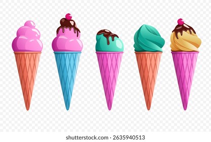 various flavors and chocolate layers delicious ice cream cones set design.isolated on transparent background element.cartoon ice cream design vector illustration.