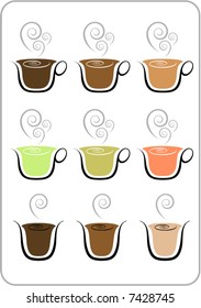Various flavors of coffee and tea in cups and glasses.