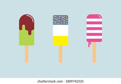Various flavors of cold ice cream with wooden ice sticks