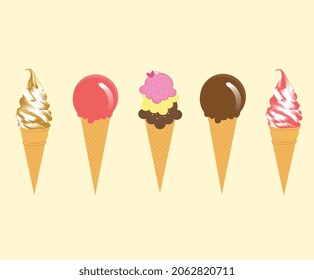 Various flavors of ice cream set in cones on beige light color background. vector illustration