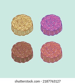 Various flavors of moon cake pastries in vector flat illustration