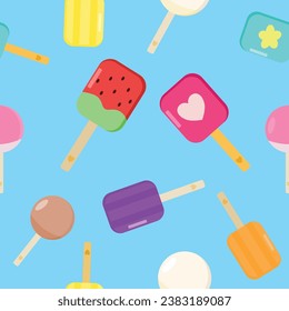 Various flavors of popsicles including watermelon, strawberry, grape, orange, pineapple, lemon, pink, white, and Ovaltine milk are placed on a fresh blue background.