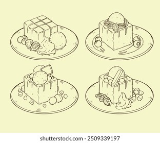 Various Flavour Hand Drawn Honey Toast with Ice Cream Dessert Outline Drawing Illustration