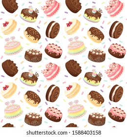 Various flavours cakes with decorations illustrations seamless pattern, vector cartoon design.