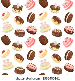 Various flavours cakes with decorations illustrations seamless pattern, vector cartoon design.