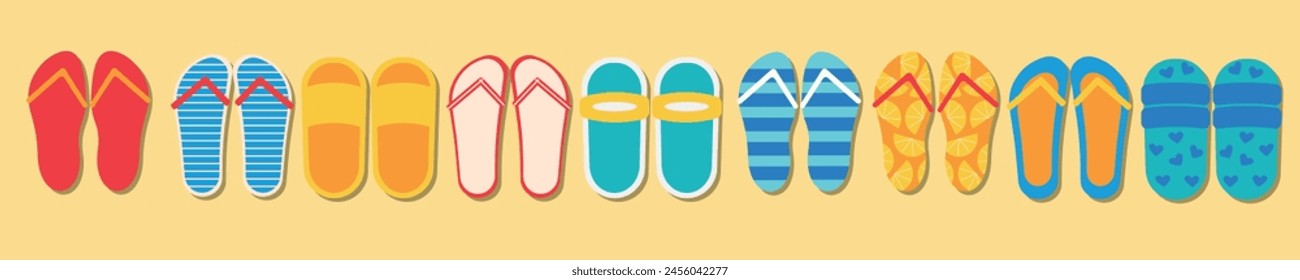 Various flip-flops as a hello summer element, a set for a hot summer, flat vector stock illustration for sstksummer