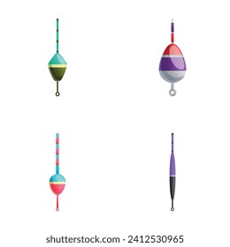 Diversos iconos flotantes establecen el vector de dibujos animados. Flota de diferentes colores. Equipos de pesca en lagos o ríos