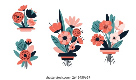 Vários arranjos florais e buquês apresentados como desenhos e ilustrações artísticos de clip art