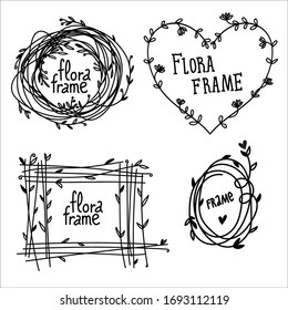 Various floral frames in black and white. Simple, cute, square, oval, heart-shaped and round with leaves and flowers. Fits most of the occasions due to minimalistic yet hand-made style.