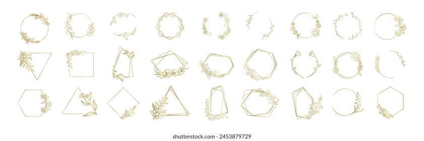 Various floral geometric frames set. Golden geometric frames. Abstract geometrical frame, gold art deco poster or luxury wedding invitation frames