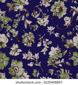 various floral patterns on a dark blue background
