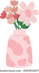 Various Flower on pink vase. Pink flower with leaf. Flat floral minimalist vector