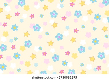 Diverso patrón de flores y estrellas sobre fondo amarillo pastel para el Fondo de pantalla de primavera y verano, tela, impresión, patrón floral, textil, naturaleza, jardín, telón de fondo, ropa, manta de picnic, edredón