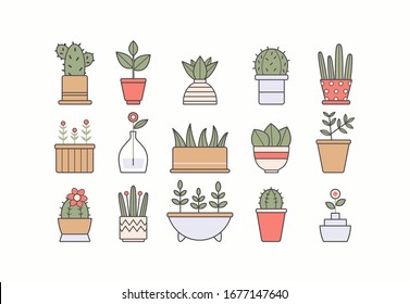 Various flower pots. Home plants and flowers logos. Minimalistic floral icons. Colored vector set. Cartoon style, simple flat design. Trendy illustration. Every icon is isolated on white background