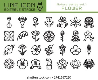 Various flower vector icon set.  Editable line stroke.