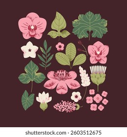 Various flowers collection. Garden florals and leaves. Retro color palette