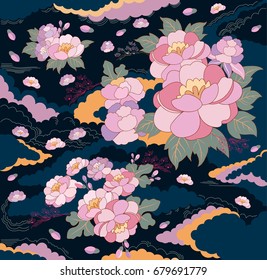 Various flowers - Colorful flowers on a clouded background - Flower backgrounds for elegant fashion, tasteful - Colorful prints of fabrics.
