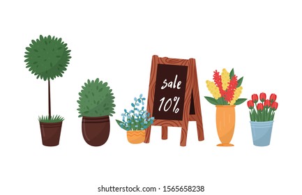 Various Flowers Growing in Pots Vector Set