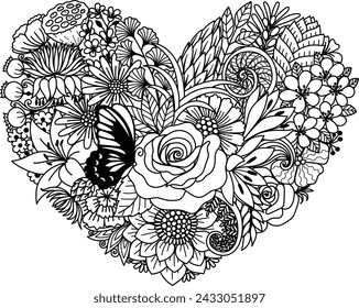 Varias flores en forma de corazón, para el corte de papel, corte láser, tarjeta de hacer, página para colorear y así sucesivamente. Ilustración vectorial.