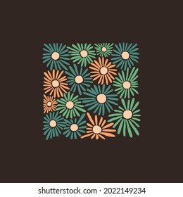 Various Flowers, leaves. Abstract blossom, bloom. Hand drawn trendy Vector illustration. Floral design, Naive art. Colorful square Pattern. Poster, print template. Isolated on dark background
