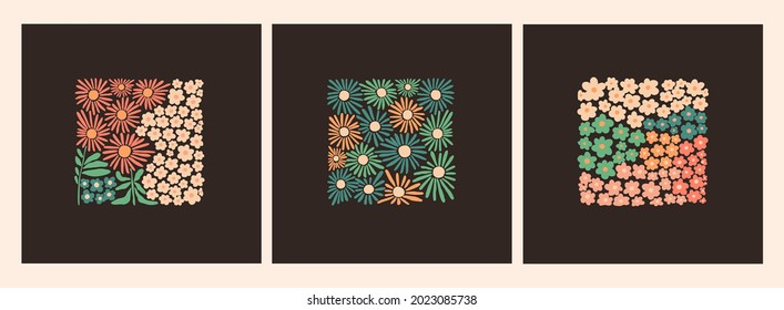 Various Flowers, leaves. Abstract blossom, bloom. Hand drawn trendy Vector illustration. Floral design, Naive art. Set of three square Patterns. Poster, print template. Isolated on dark background