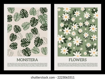 Various Flowers, leaves. Abstract blossom, bloom. Hand drawn trendy Vector illustration. Floral design, Naive art. Set of three square Patterns. Poster, card, print template. Every pattern is isolated