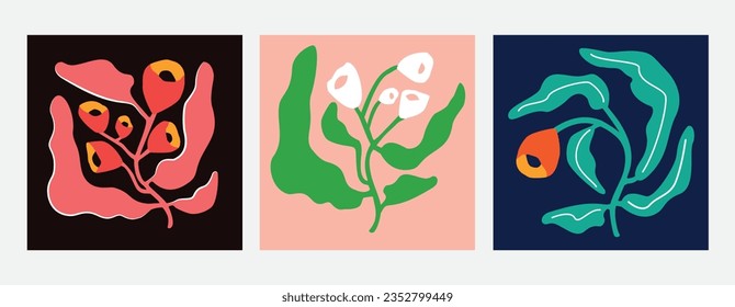 Various Flowers, leaves. Abstract blossom, bloom. Hand drawn trendy Vector illustration. Floral design, Naive art.  Set of three backgroud. Poster, print template. Isolated on dark background