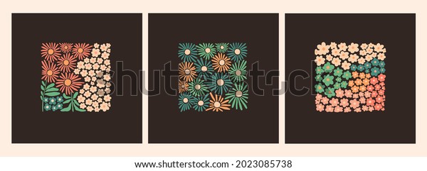 Various Flowers, leaves. Abstract blossom,\
bloom. Hand drawn trendy Vector illustration. Floral design, Naive\
art. Set of three square Patterns. Poster, print template. Isolated\
on dark background