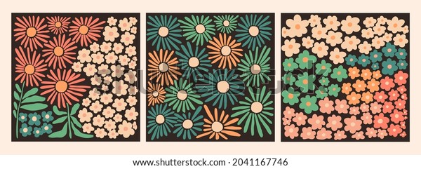Various Flowers, leaves. Abstract blossom,\
bloom. Hand drawn trendy Vector illustration. Floral design, Naive\
art. Set of three square Patterns. Poster, card, print template.\
Every pattern is\
isolated
