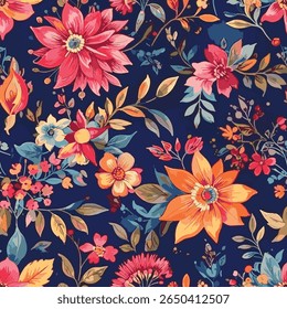 various flowers and leaves placed on a deep dark blue background create a dazzling composition
