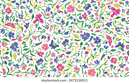 Varias flores con hojas sin fisuras repiten el patrón. Colocado al azar, dibujo botánico de Vector, todo sobre la superficie de impresión sobre fondo blanco.